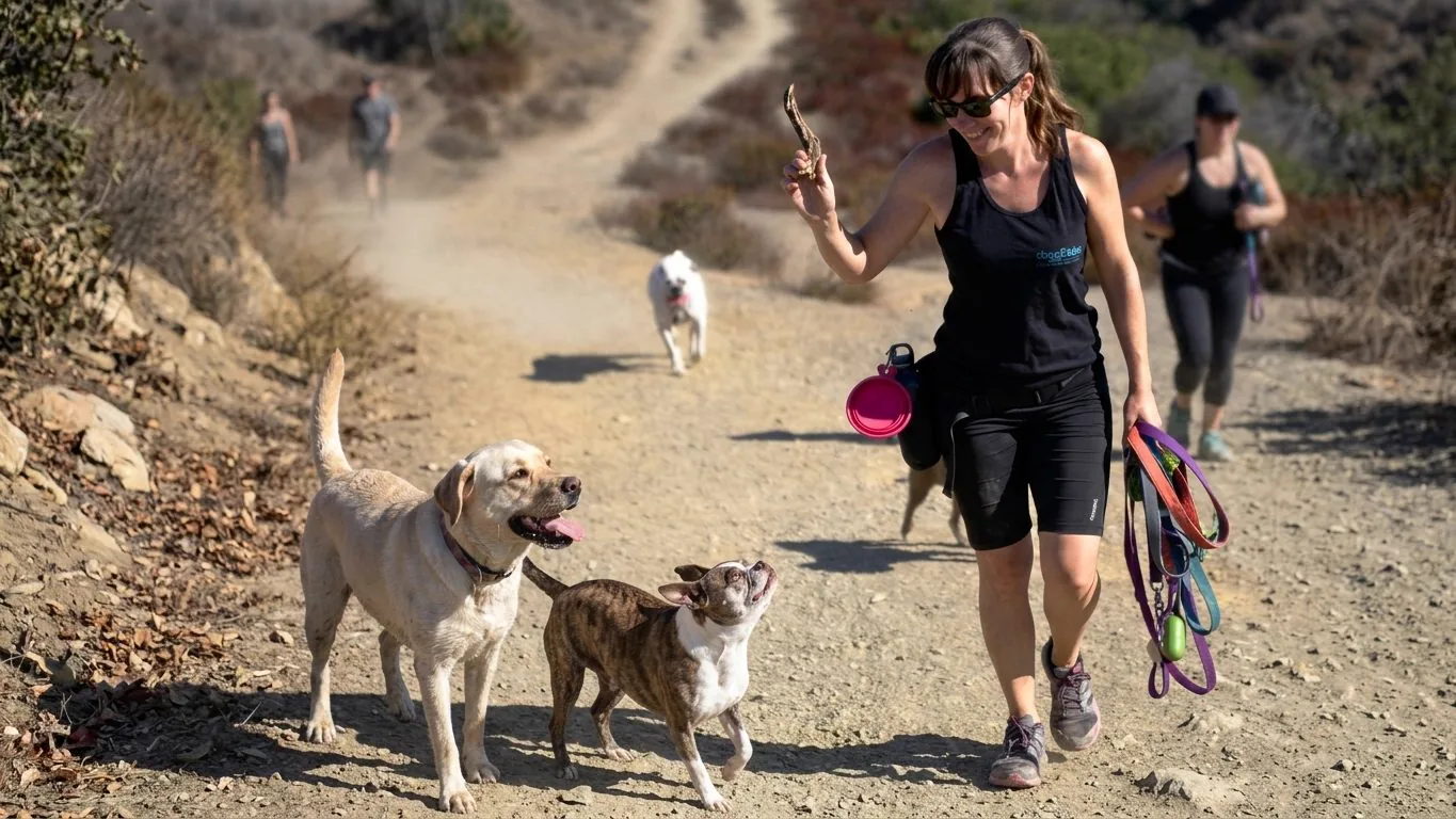 A professional dog walker leads several dogs on a trail — the base a dog-walking business builds recurring income on.