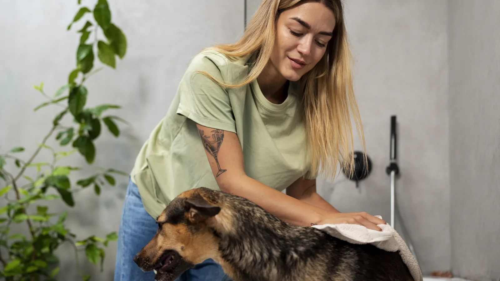 A groomer bathing a dog — where most grooming careers begin.