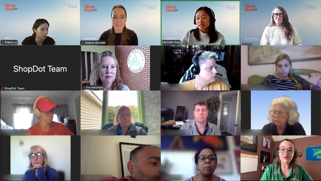 Zoom gallery from ShopDot Live: the ShopDot team, guest pet pros Eve Molzhon and Jess Okon, and pet professionals who joined the session.