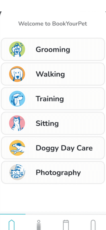 Book Your Pet app — service categories