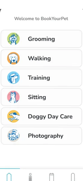 Book Your Pet app — service categories